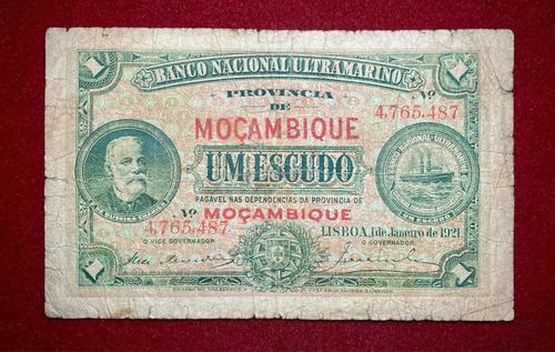 Billete 1 Escudo Mozambique 1921 Pick 66b Bradbury & Co Raro (Usado)