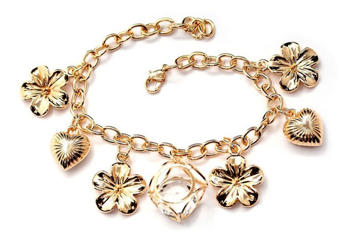 Pulsera Con Dijes De Flor Y Corazón Color Oro Pack X 12 