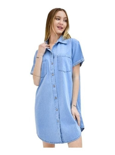 Camisa Vestido Jean Mujer Manga Corta C/bolsillos T. Amplios