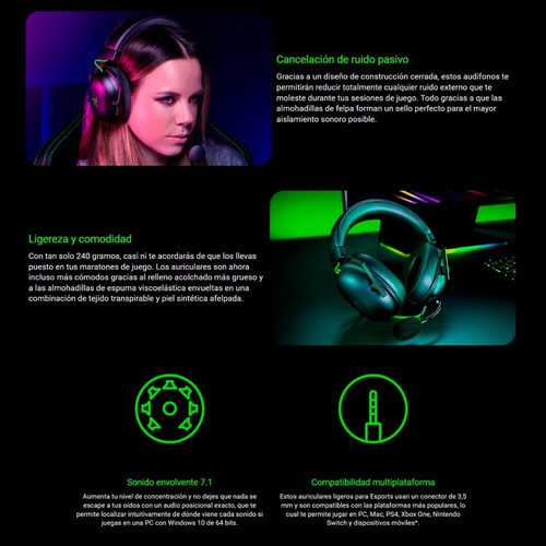 Imagen 4 de 8 de Audífonos Gamer Razer Blackshark V2 X Green Loi Chile