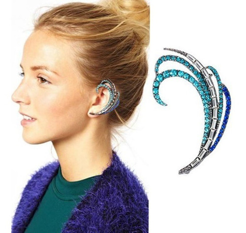 Lindo Brinco Ear Cuff Prateado Strass Azul Fashion Unidade