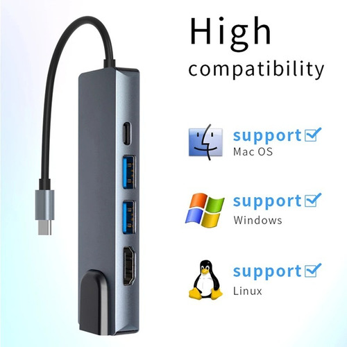 Imagen 4 de 10 de Adaptador Hub Usb C 5 En 1 A Hdmi, Rj45 Usb 3.0, Pd, Mac Win