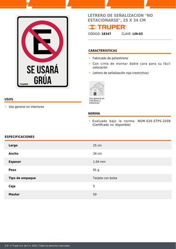 Imagen 3 de 3 de Letrero De Señalización 'no Estacionarse', 25 x 34 Cm