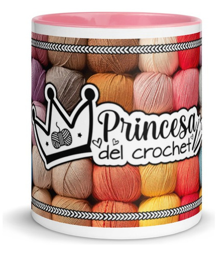 Taza De Cerámica Blanca/rosada Para Tejedoras. Crochet.