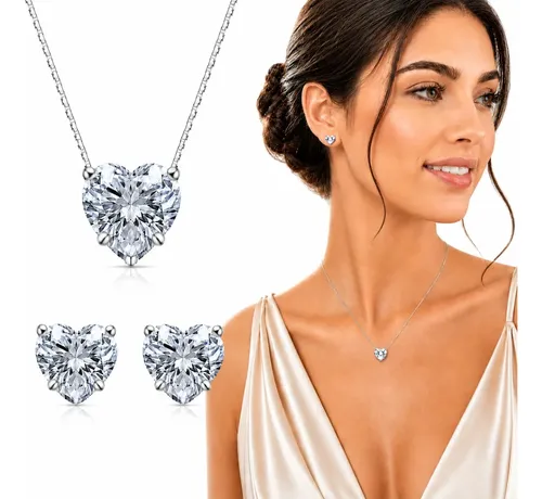 Conjunto Colar Brinco Coração Ponto Luz Folheado Prata 925 Prateado