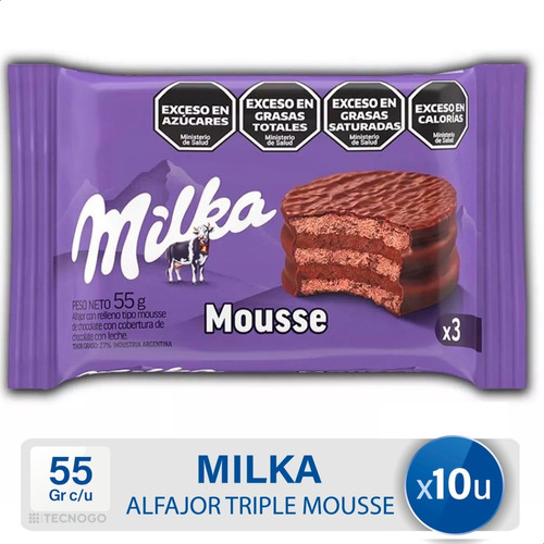  Alfajor Milka Mousse Chocolate Triple Dulce - X10 Unidades