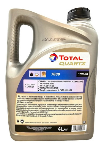 Imagen 2 de 5 de Aceite Motor Total Quartz 7000 10w40 4 Litros Nafta Y Diesel
