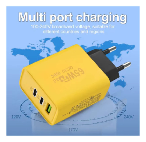 Carregador Rápido Gan 65w, 3 Portas, Tipo-c, Usb-a E Usb Pd
