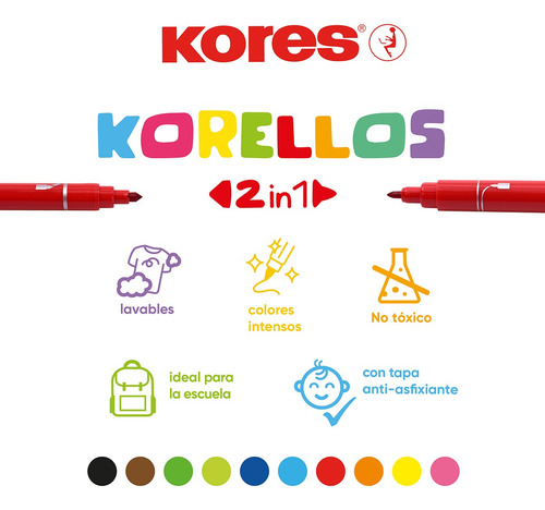 Plumones Lavables Doble Punta Conica/fina - 12 Pzas Kores