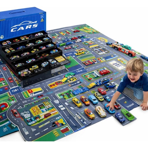 Maleta 48 Carrinhos Tapete Pista Brinquedo Presente Menino Azul