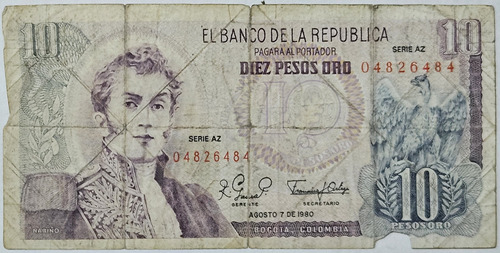 Billete 10 Pesos 07/ago/1980 Serie Az Colombia F-vf