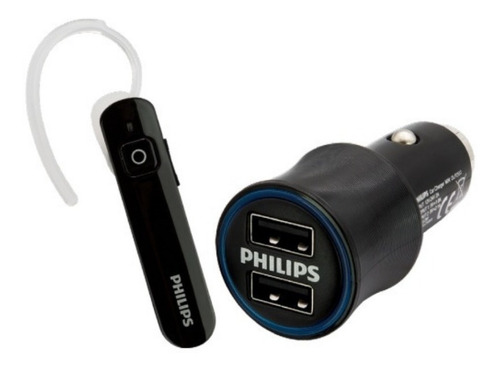 Kit Manos Libres Philips + Cargador Auto Doble Usb Color Negro
