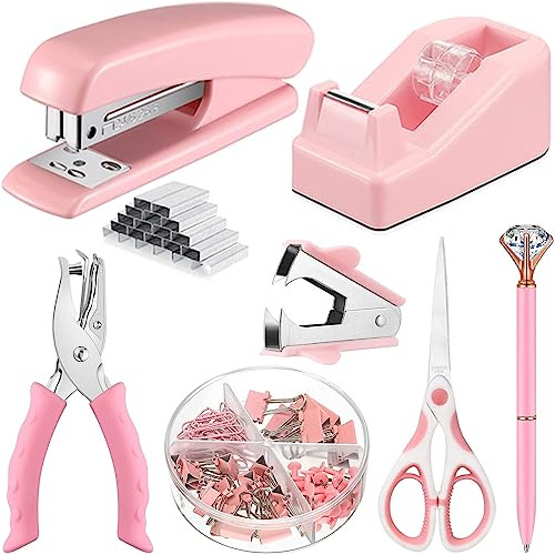 Kit De Accesorios De Escritorio Rosa Mujeres, Grapadora...