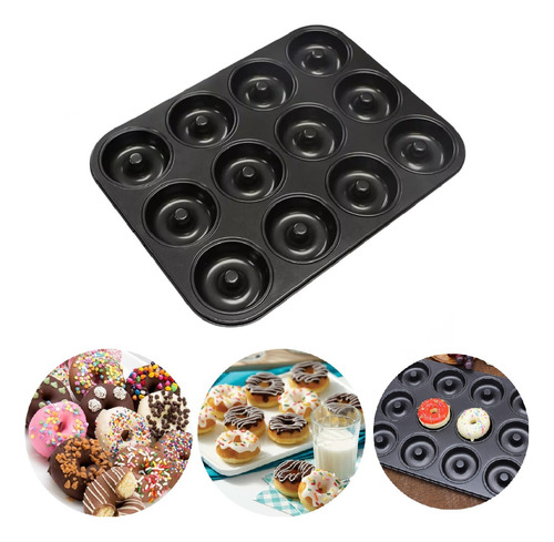 Molde Charola Antiadherente Acero Para Hornear 12 Mini Donas Negro
