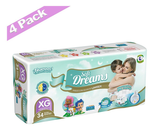 Caja De Pañal Soft Dreams Extra Gde Con 4 Paquetes (136 Pzs)