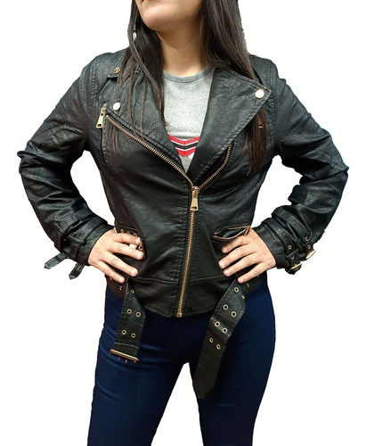 Campera Mujer Eco Simil Cuero Chaqueta Bolsillos Importada