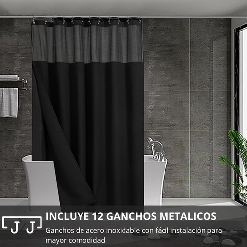 Cortina De Baño Diseño Impermeable + Forro Y 12 Ganchos Az Negro