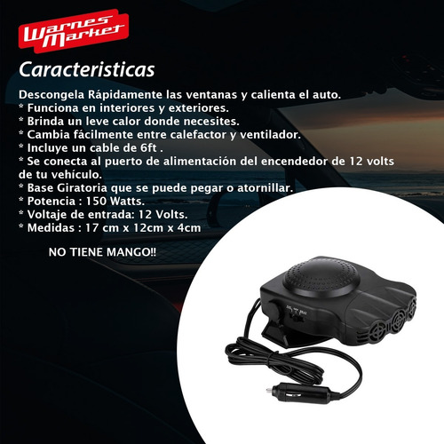 Imagen 2 de 10 de Caloventor Auto Portatil Desempañador Frio Calor 12v C/mango