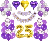 Comprar Combo Deco Cumple Lila Violeta Dorado Globos Banderin Numero