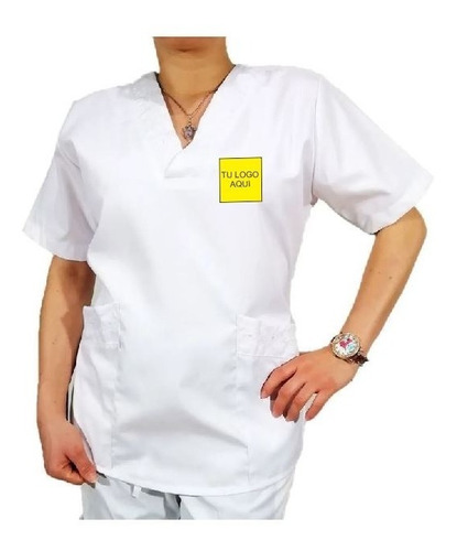 Uniforme Clínico  Filipina Blanca Con Logo Bordado Al Frente