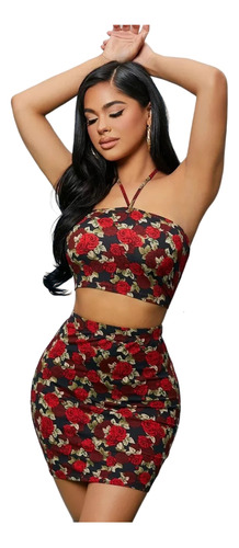 Vestido Conjunto Top Halter Y Falda Estampado De Rosas Sexy