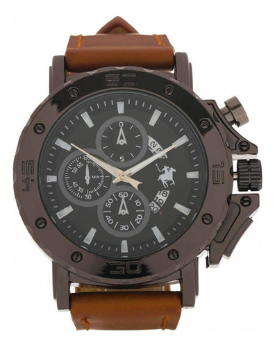 Reloj York Team Polo Club Jy-21b05 Café Correa Caqui Bisel Negro Fondo Negro