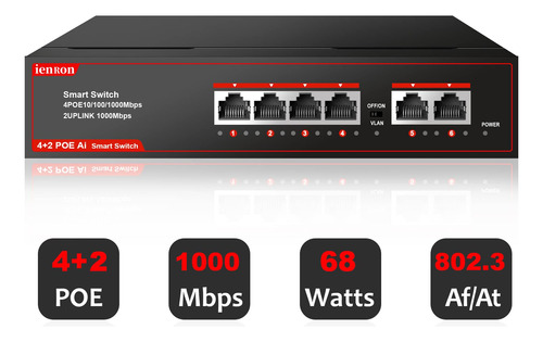 Ienron Interruptor Poe De 6 Puertos, Conmutador Poe Gigabit