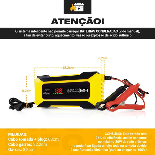 Imagem 3 de 9 de Carregador De Bateria Portatil Carro Moto 12v 8ah Automotivo