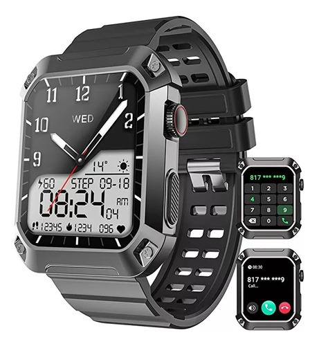 Reloj inteligente Bluetooth militar (para responder/llamar), color negro, diseño de pulsera, carcasa negra, bisel negro, color negro