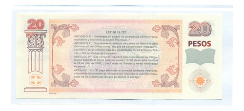 Coleccion Bono 20 Patacon 2001 Specimen Sin Circular Unc