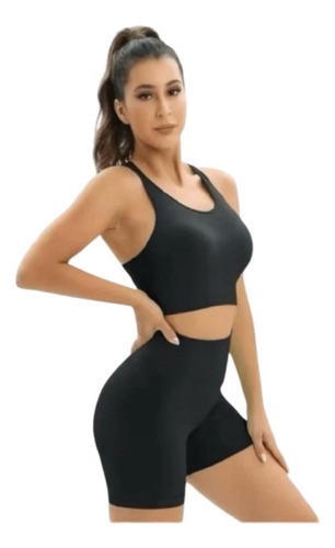 Set Deportivo Para Mujer 2 Piezas. Top Y Short Licra Negro G