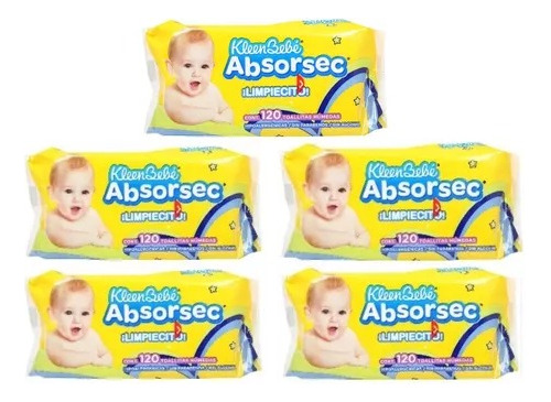 5 Paq Toallitas Humedas Kleen Bebé Absorsec 120 Toallitas