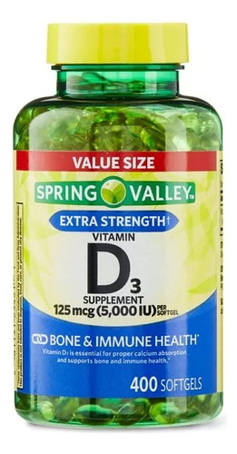 Cápsulas De Vitamina D3 De Spring Valley, 125 Mcg Por Softgel.