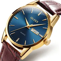Comprar Relógio Masculino Dourado Social Olevs Pulseira Couro Luxo Cor da correia Marrom Cor do fundo Azul
