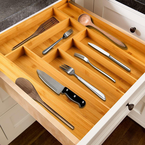 Bandeja De Cubiertos De Bambú Extensible Contenedor Cajón