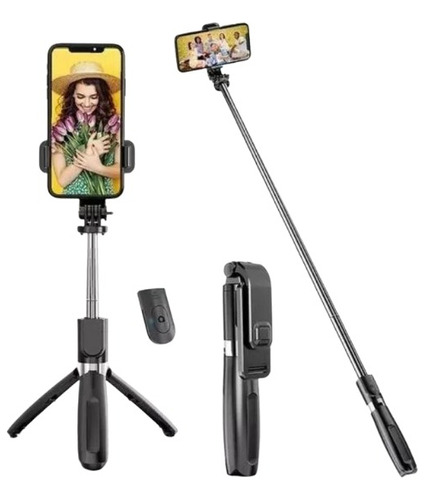 Bastão Pau Selfie Celular Controle Via Bluetooth Tripé Cor Preto