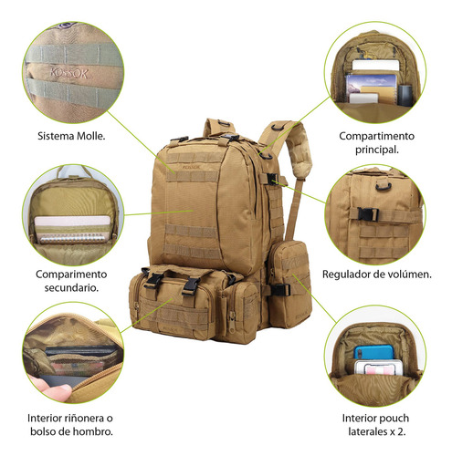 Mochila Tactica Kossok Quebec Con Riñonera Y Bolsos Extra
