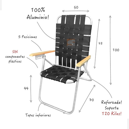Imagen 5 de 9 de Sillon Aluminio Reforzado Cintas Rafia 5 Posiciones 120 Kg