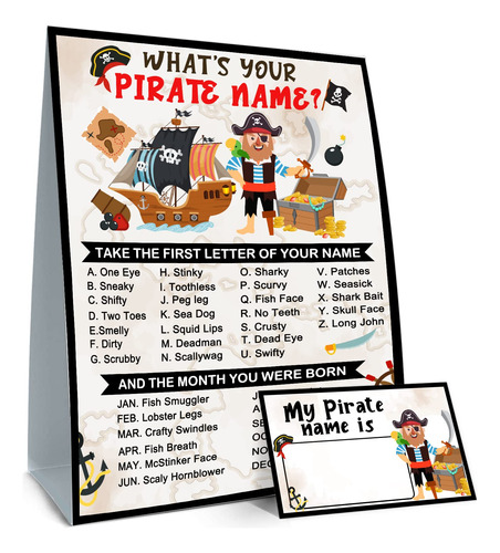 What Is Your Pirate Name Game, Letrero De Juego Y 30 Tarjeta