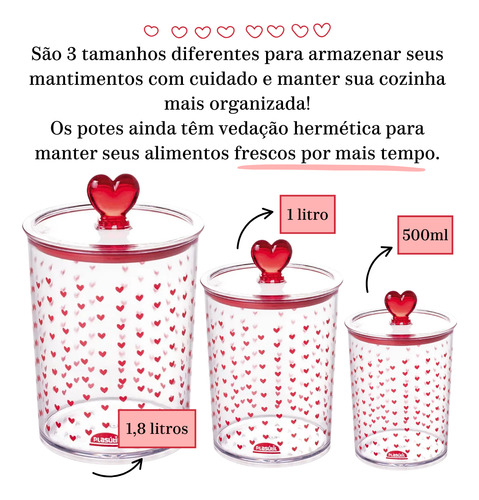 Conj 3 Pcs Porta Mantimentos Pote Hermético Coração Plasútil