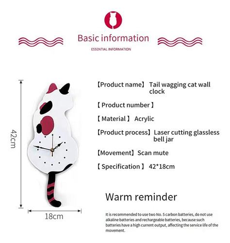 Reloj De Pared Con Péndulo Con Forma De Gato Blanco, Reloj C
