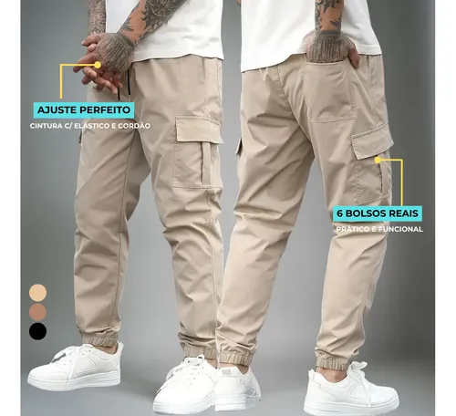 Calça Jogger Cargo Masculina Sarja Calca Streetwear Punho