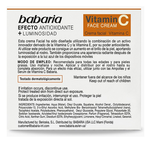 Babaria - Crema Facial Vitamina C - 50 Ml Todo Tipo De Piel Día/noche