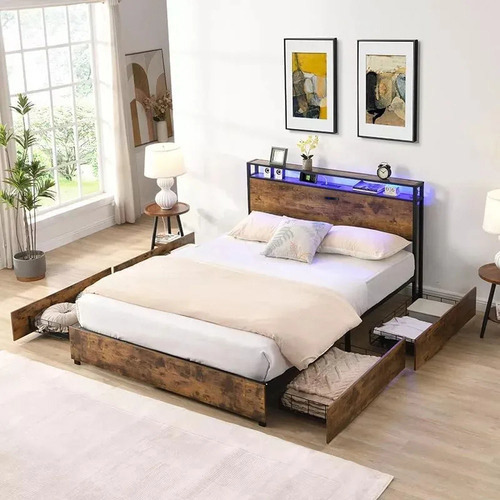 Base Cama Matrimonial Con Cajones Led Y Usb Full Base Marrón