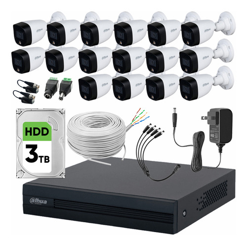 Dahua Kit Cctv 16 Cámaras 2mp Full Color Hdd 3tb + Cable Utp Color Blanco