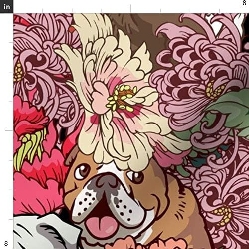 Tela De Flores De Bulldog Inglés Dibujos Animados Flor...