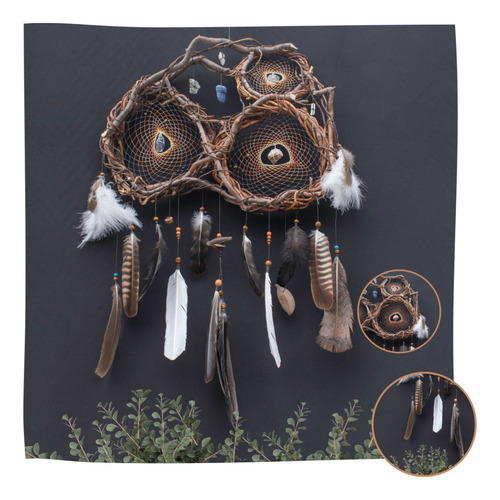Atrapasueños Nature Rústico Madera Plumas Naturales Marrón Oscuro Collage De 3 Atrapasueños Grande Marron Oscuro A Claro