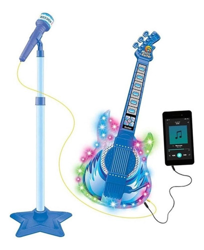 Guitarra Microfone Infantil Azul Som Luz Conecta Celular Mp3