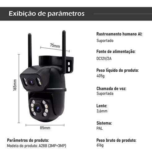 Kit 2 Camera Segurança A28 Icsee Prova D'agua Lente Dupla Cor Preto