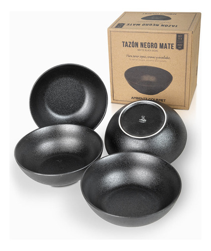 Tazon Negro Mate 600 Ml Setx4 Ambiente Gourmet